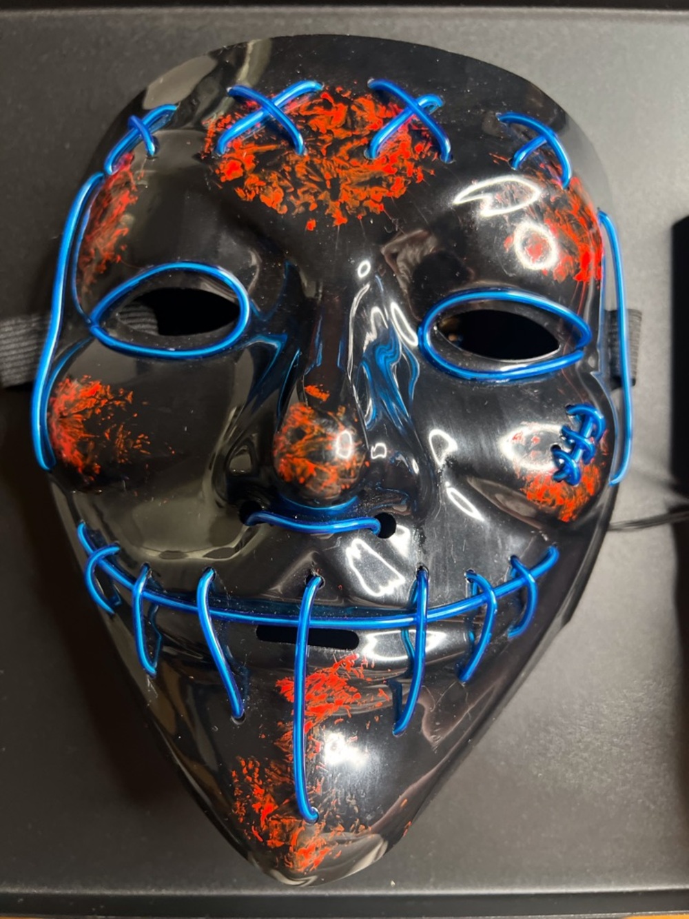 Black Horror LED Stitch Face Mask with Red Paint Splatter